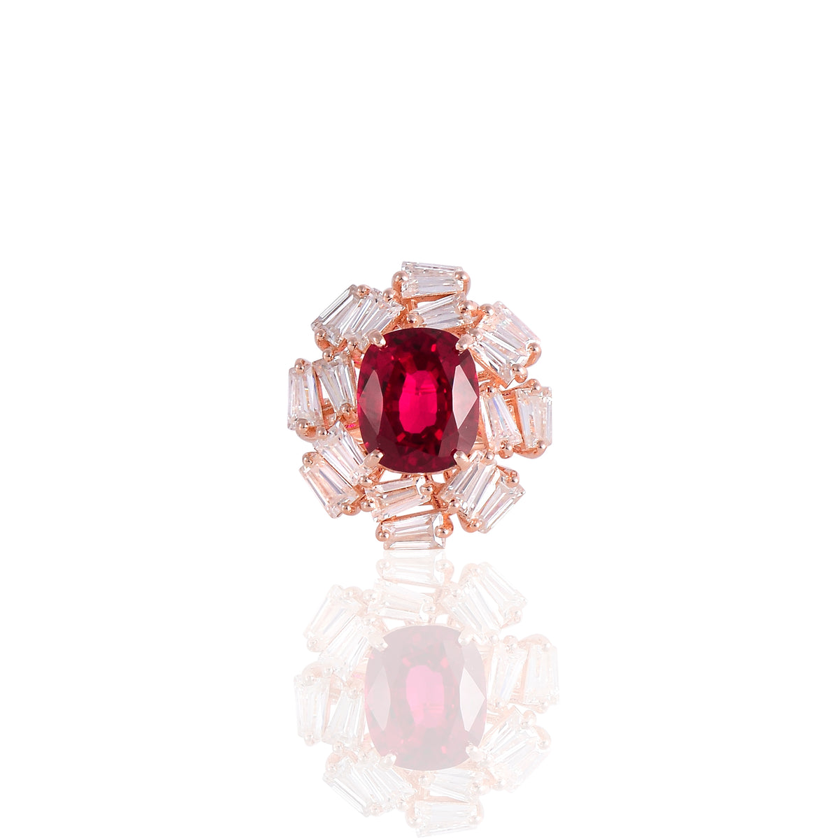 Pink Gold Mossanite Taper, Cushion Ruby Ring