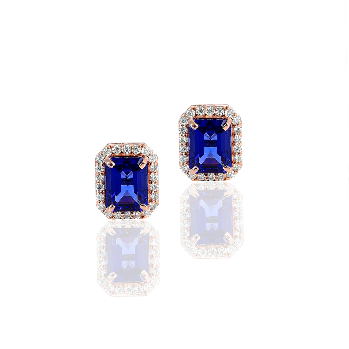 Pink Gold Moissanite Round Tanzanite Octagon Stud