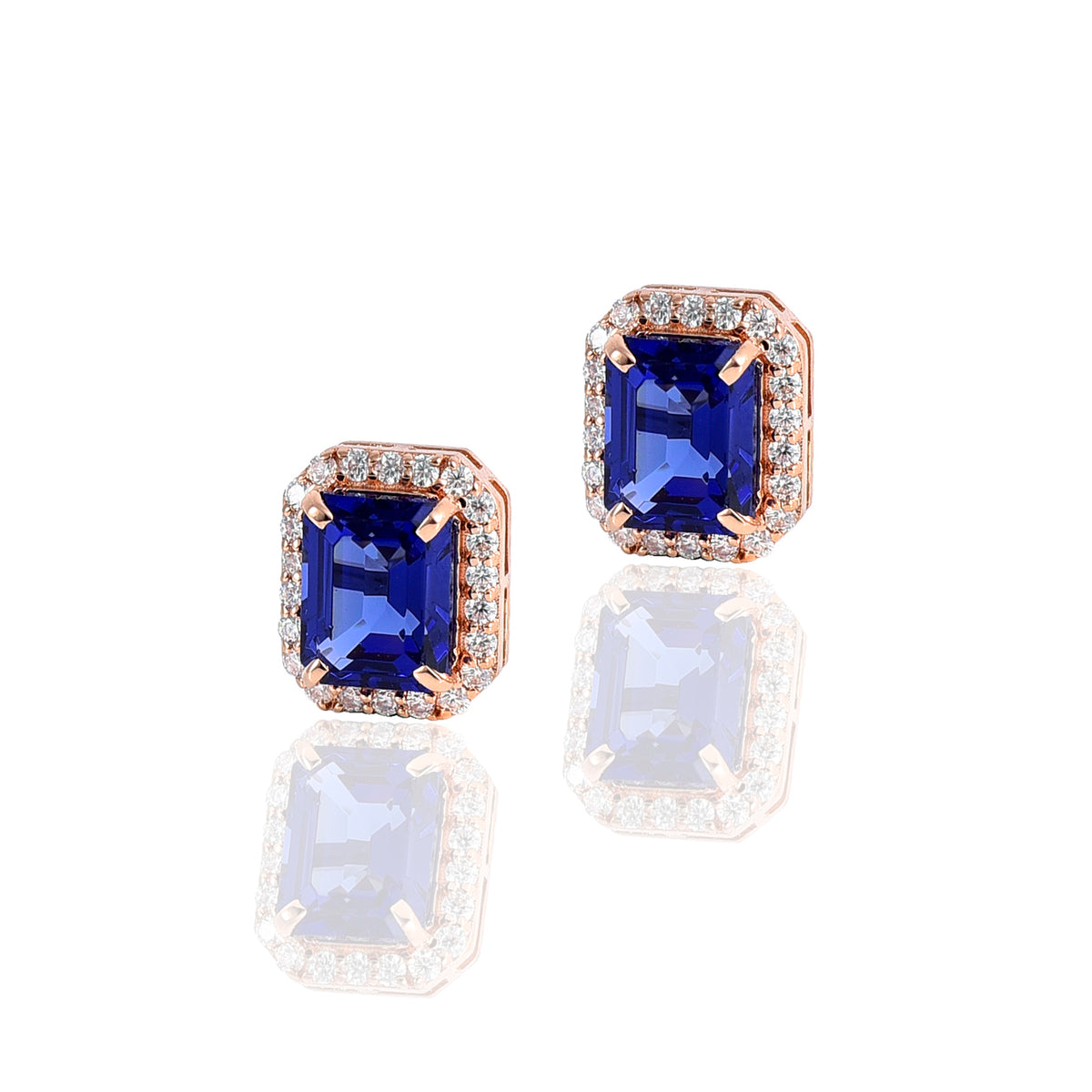 Pink Gold Moissanite Round Tanzanite Octagon Stud