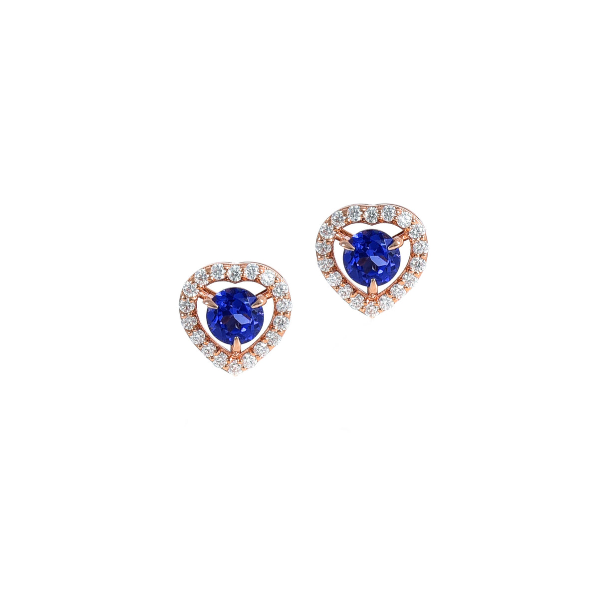 Pink Gold Moissanite Tanzanite Stud, Blue Beauty