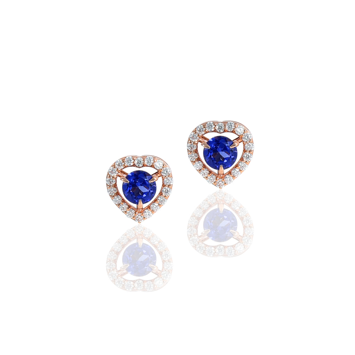 Pink Gold Moissanite Tanzanite Stud, Blue Beauty