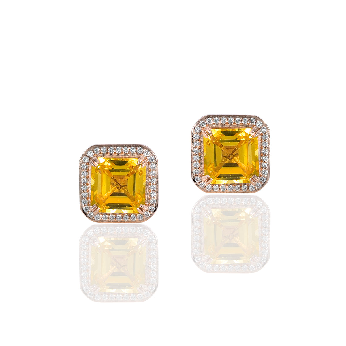 Pink Gold Moissanite Round Yellow Sapphire Asscher Stud