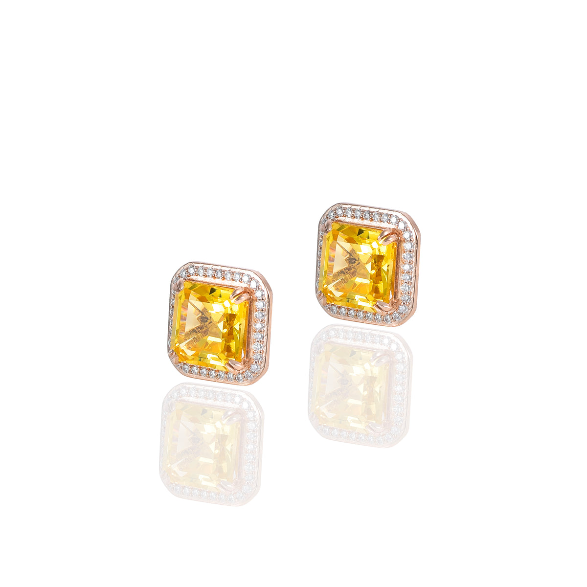 Pink Gold Moissanite Round Yellow Sapphire Asscher Stud