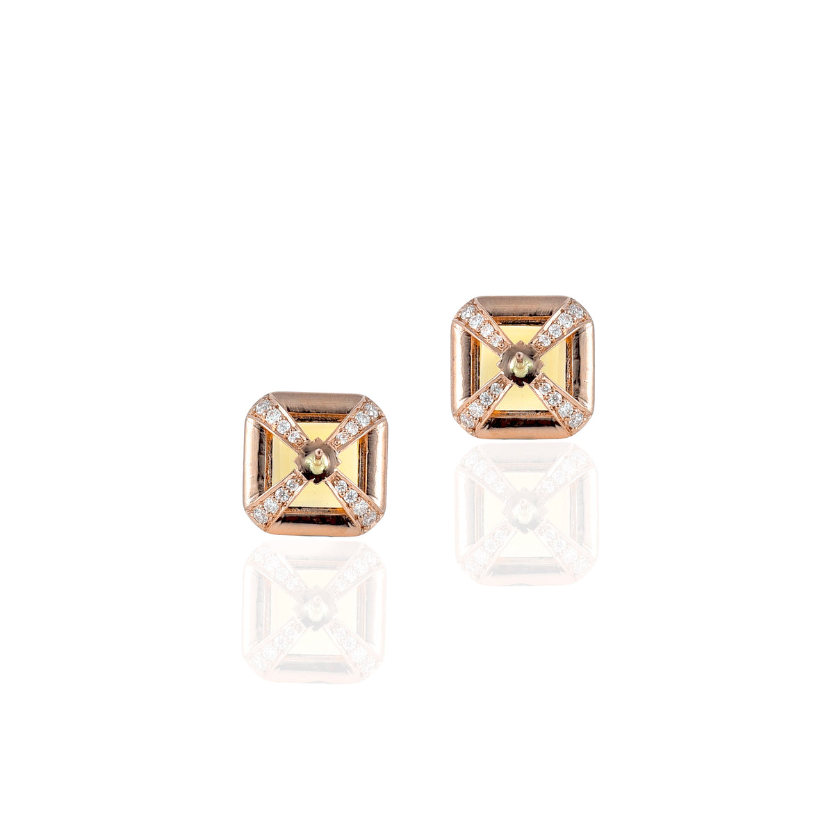 Pink Gold Moissanite Round Yellow Sapphire Asscher Stud